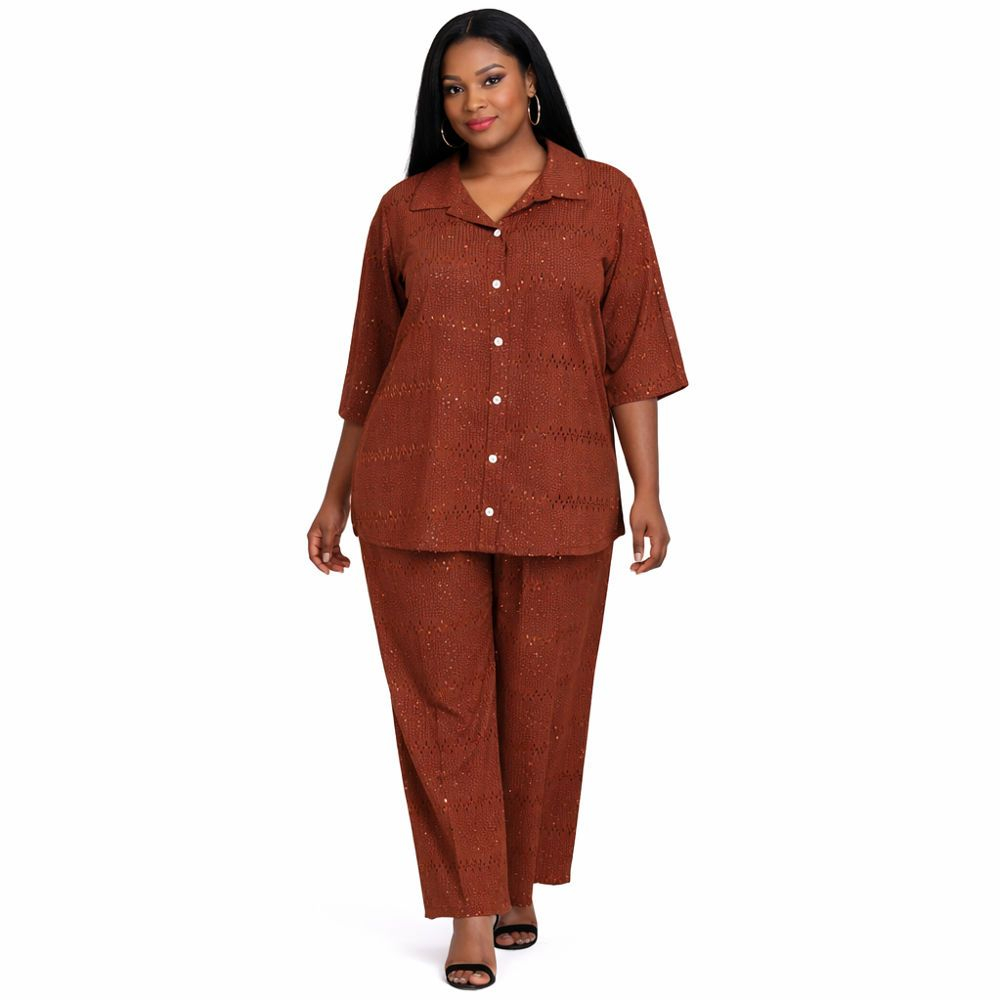 Women Brown Shimmer Pleated Two Piece Trouser Set